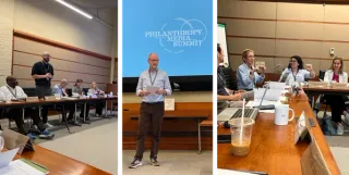 Collage van Foto's van discussies tijdens de summit