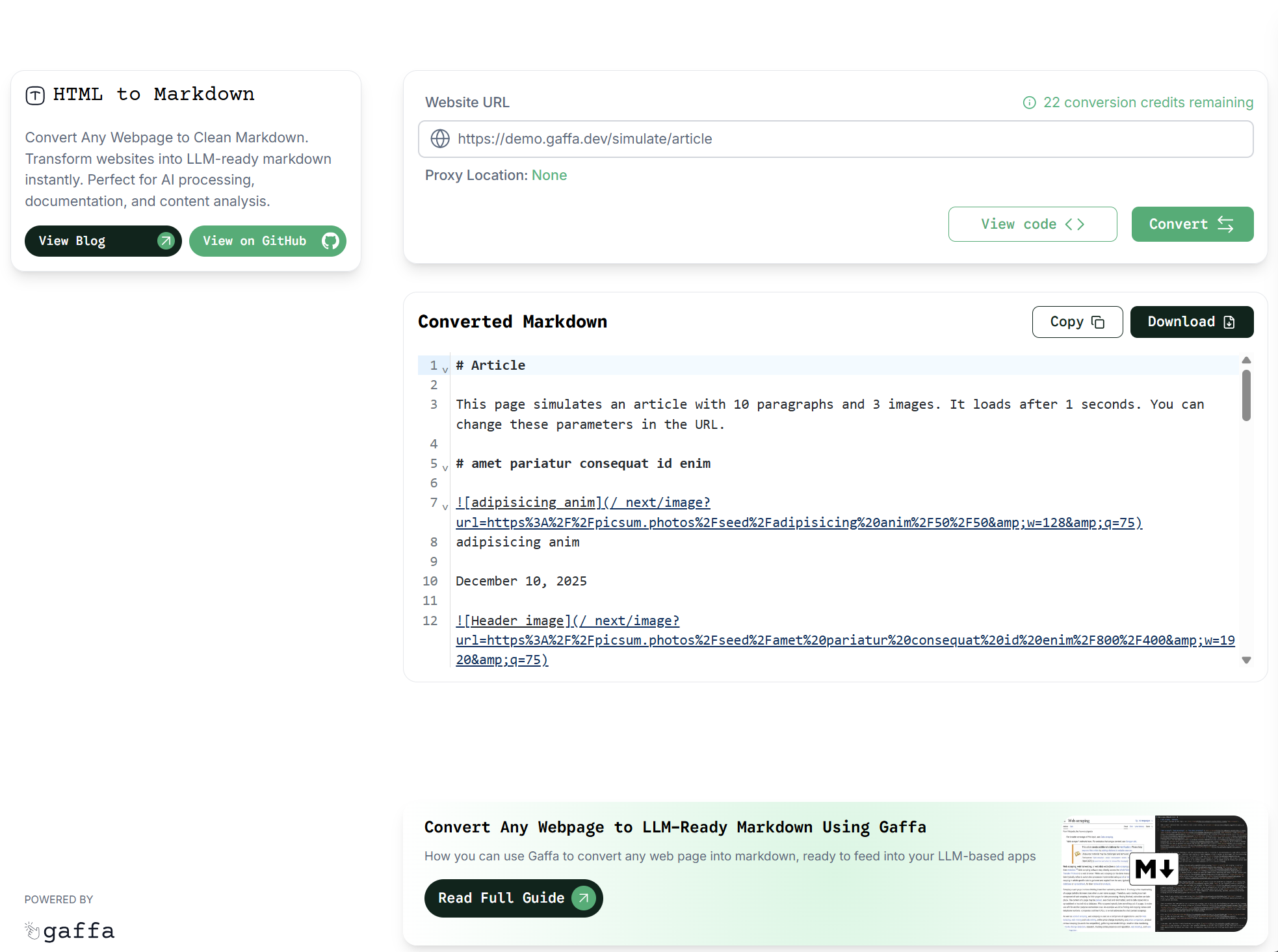 Convert any Webpage to Markdown Using Gaffa Now