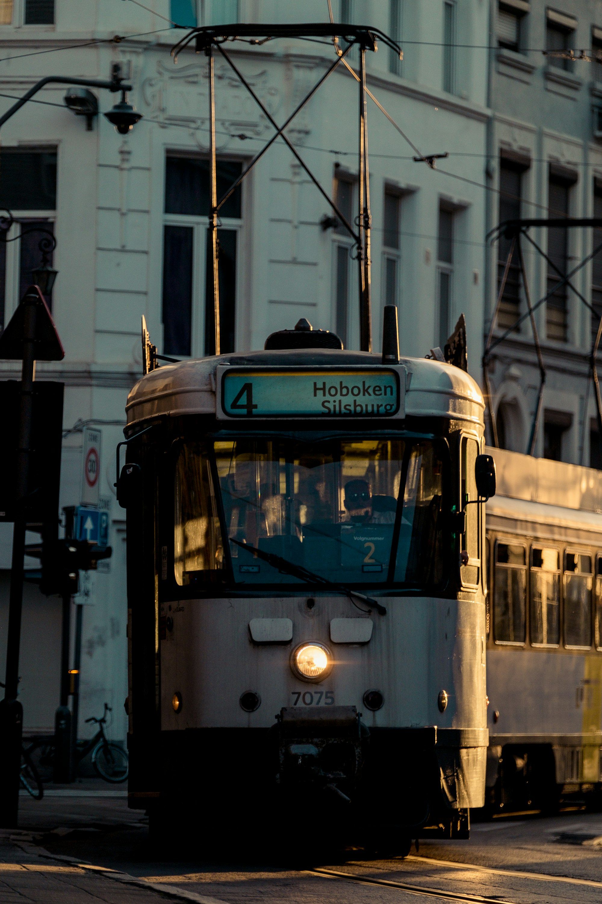 A tram on a street in Antwerp, Belgium