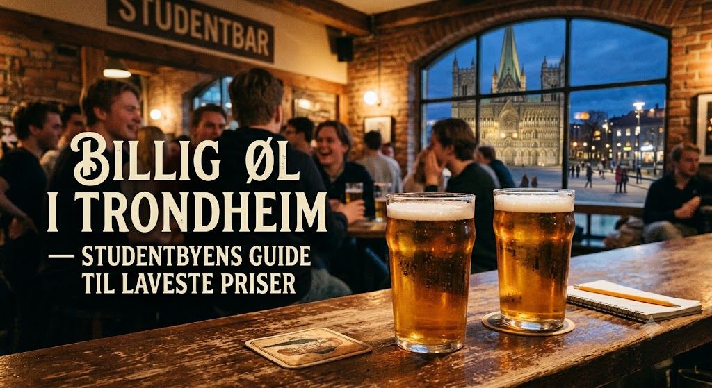 Fargerike trehus på Bakklandet i Trondheim en kveld, med et ølglass i forgrunnen