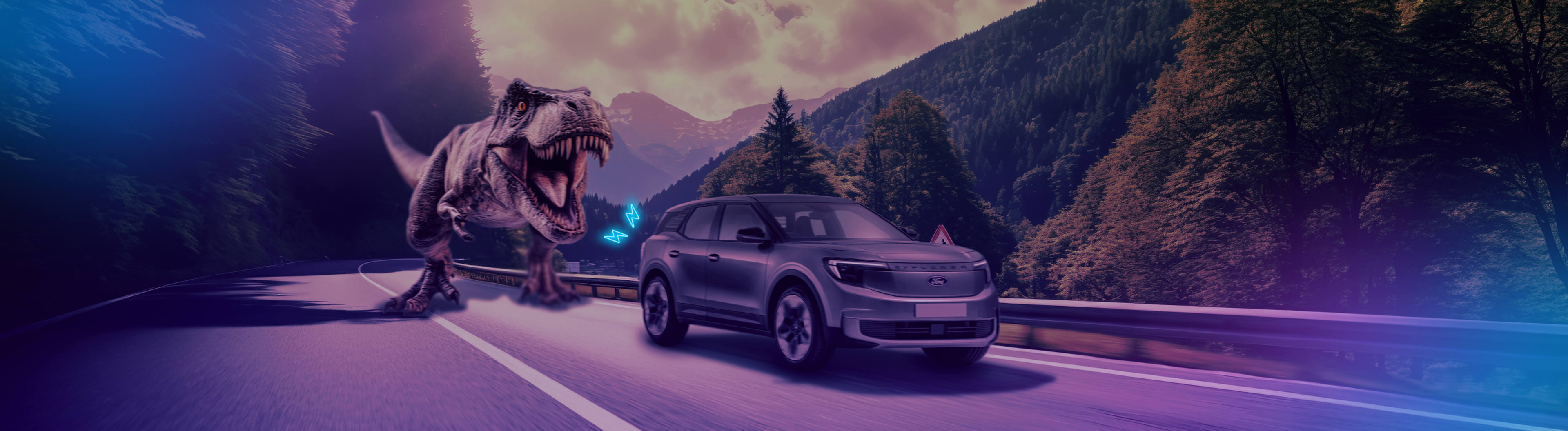Header image displaying a T-rex chasing a Ford Explorer