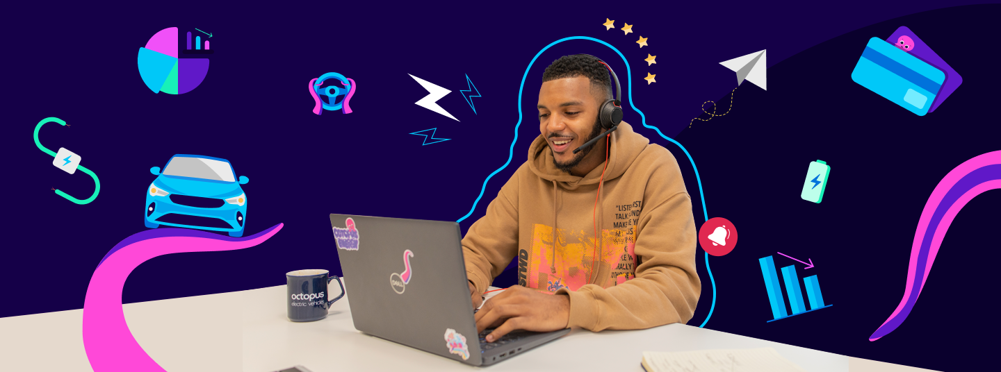 Man on laptop with a headset with a dark blue background with flying pink tentacles, a blue electric vehicle, graphs, a green battery and other things