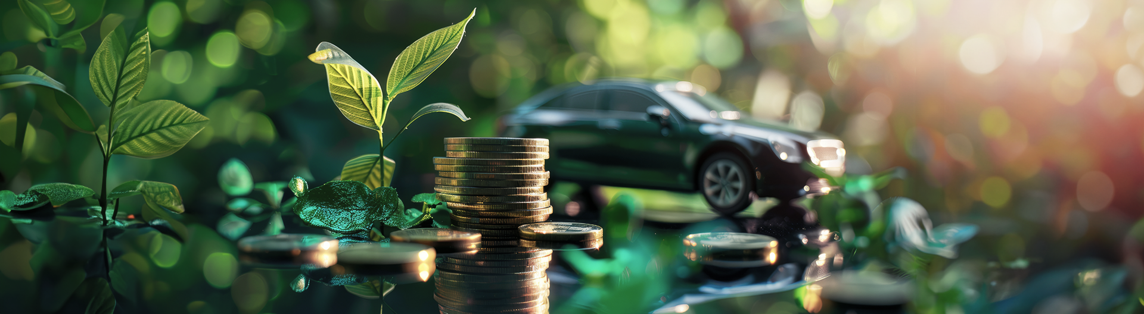 Greenery surrounding toy car with money in the forefront