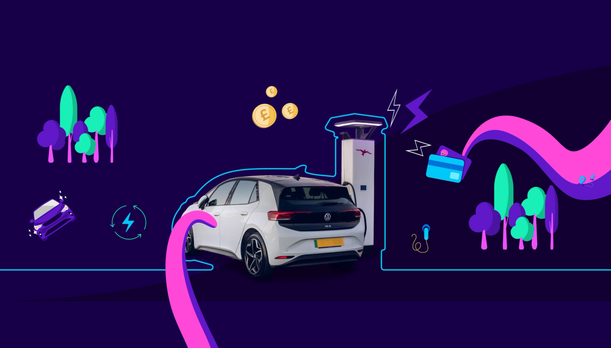 An EV plugged into a charger on an illustrated background