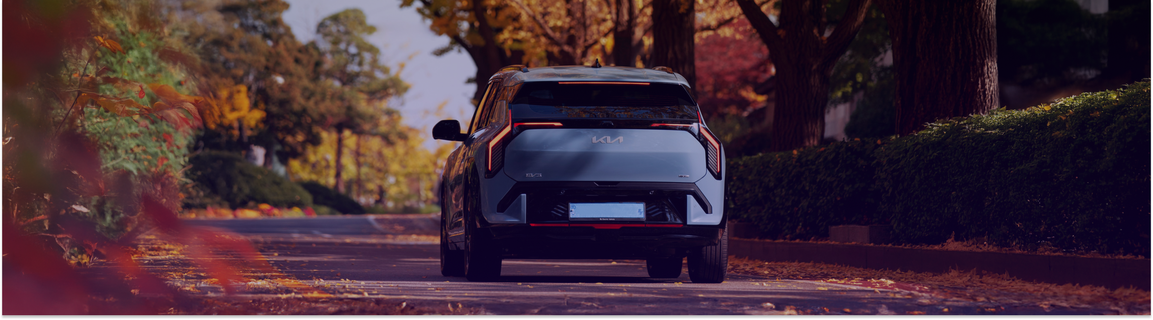 KIA driving surrounded by autumn leaves 