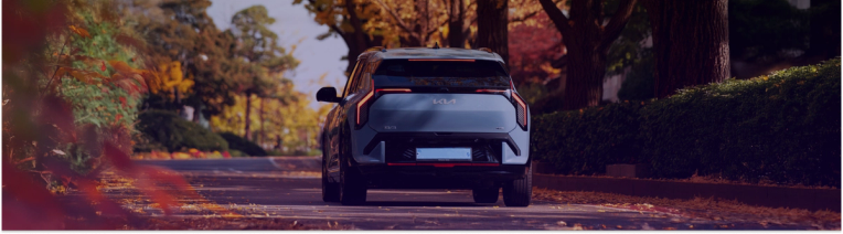 KIA driving surrounded by autumn leaves 
