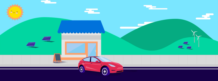 Illustration of a Tesla parked in front of a small business
