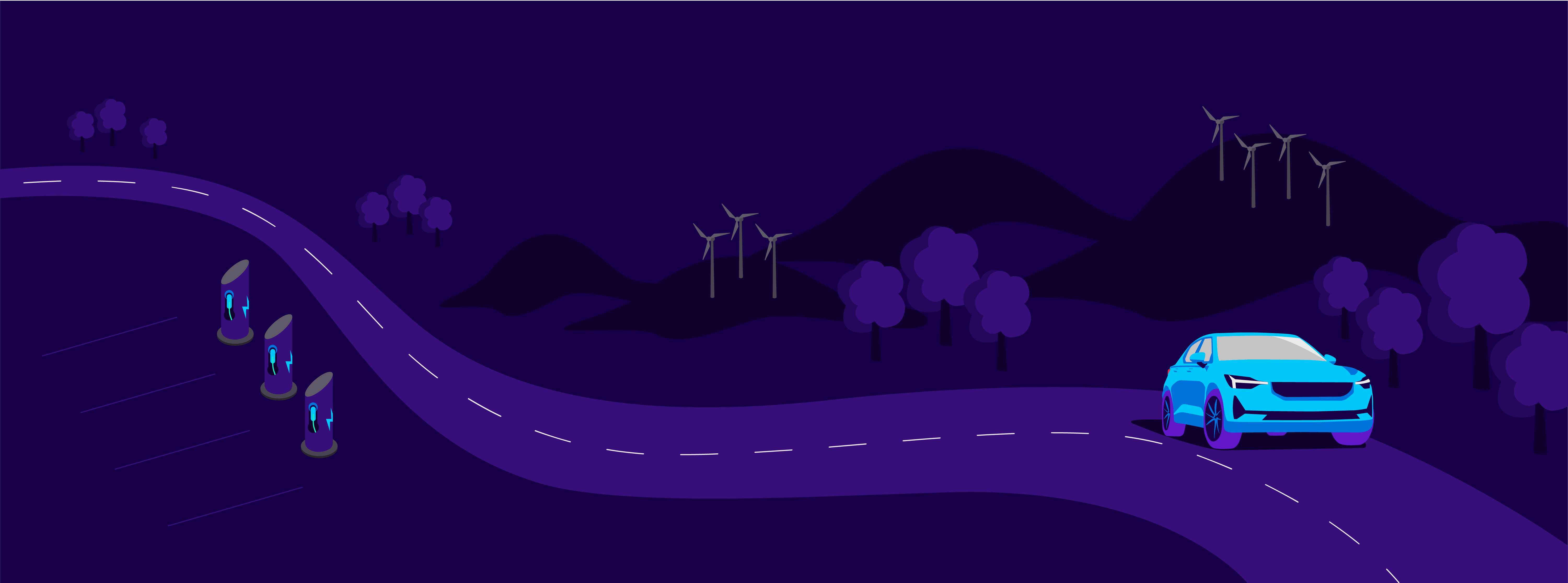 Dark purple background with a light blue car driving on a road past electrical vehicle chargers and wind turbines