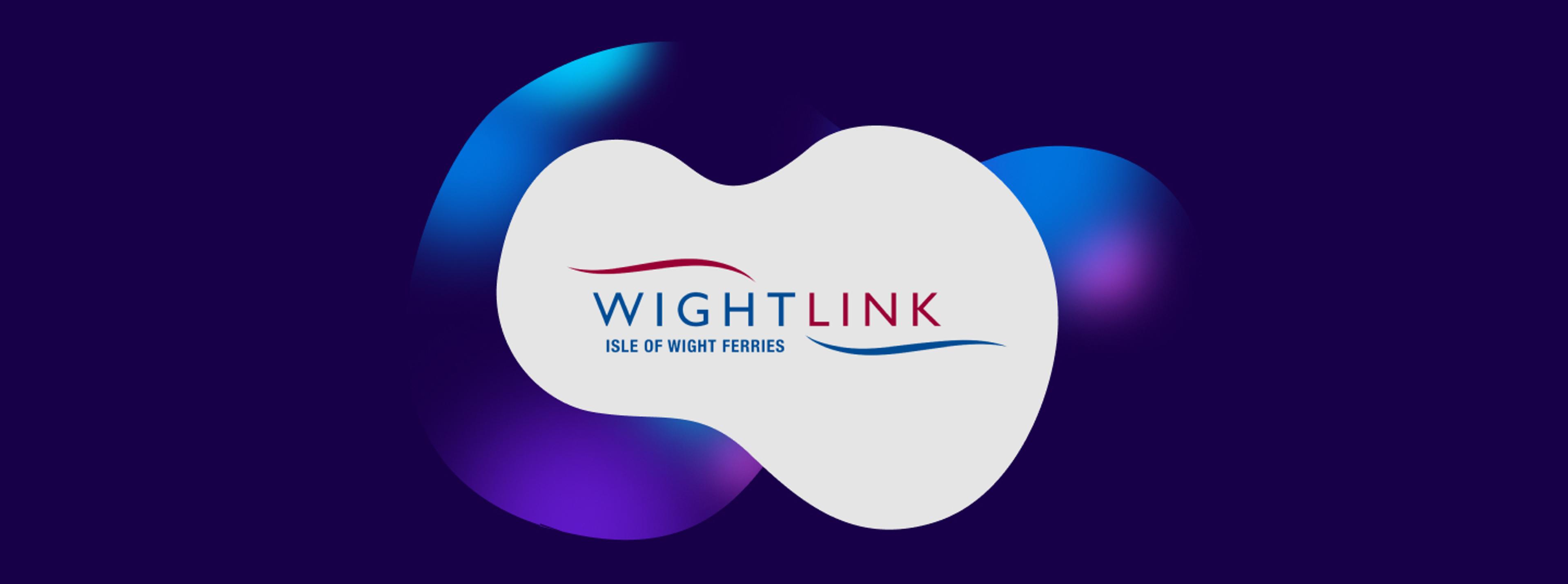 Wightlink logo on white background with a dark blue blob behind it