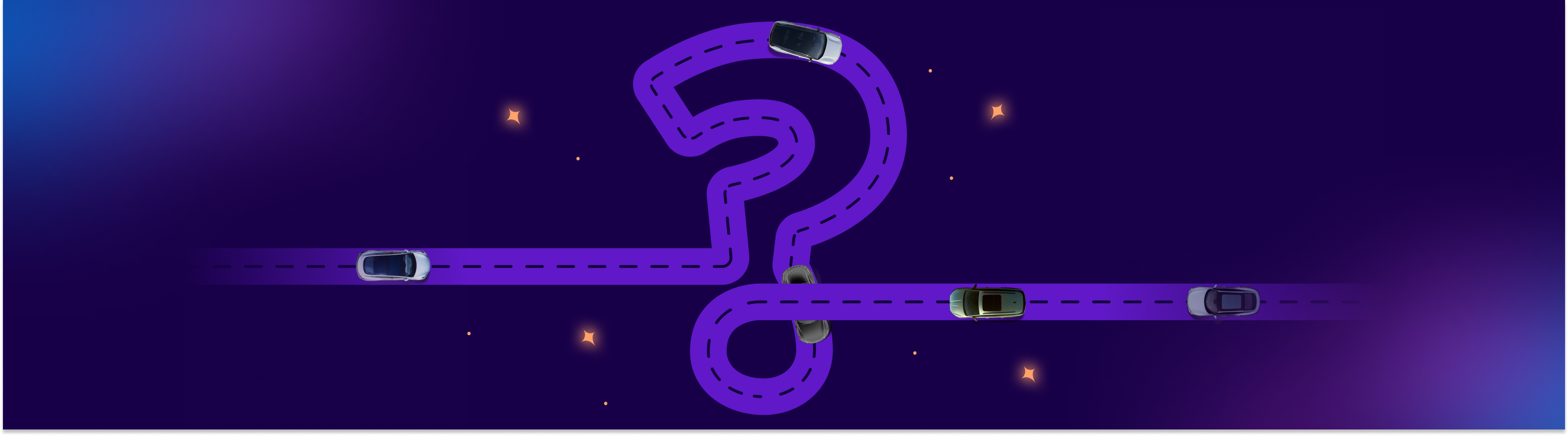  Dark purple background with a light blue car driving on a road past electrical vehicle chargers and wind turbines