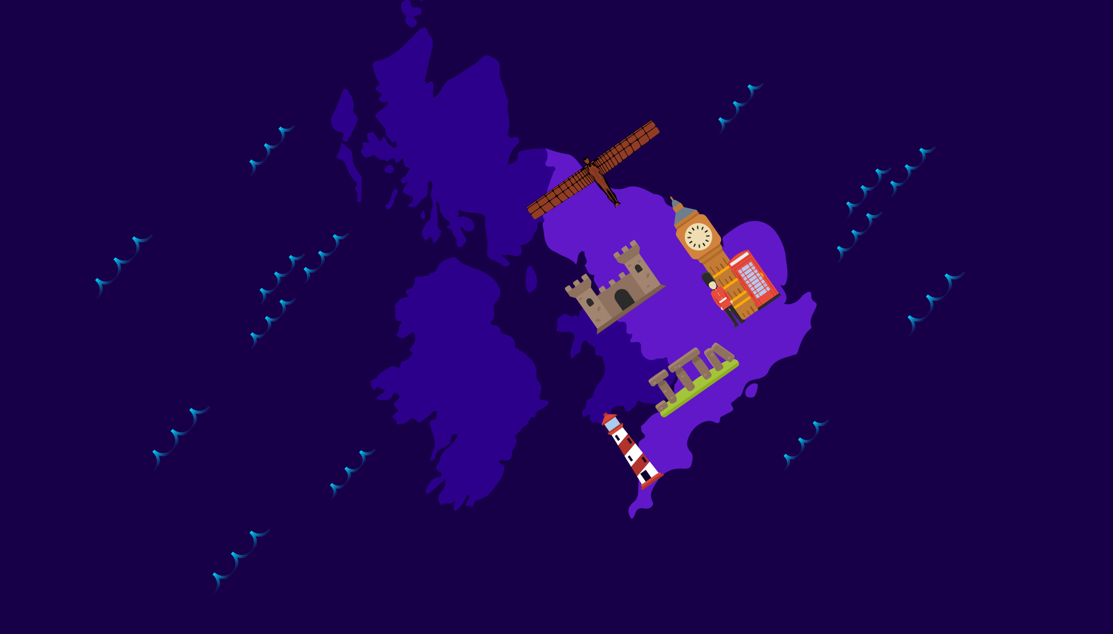 Graphic of a map of the UK with key landmarks