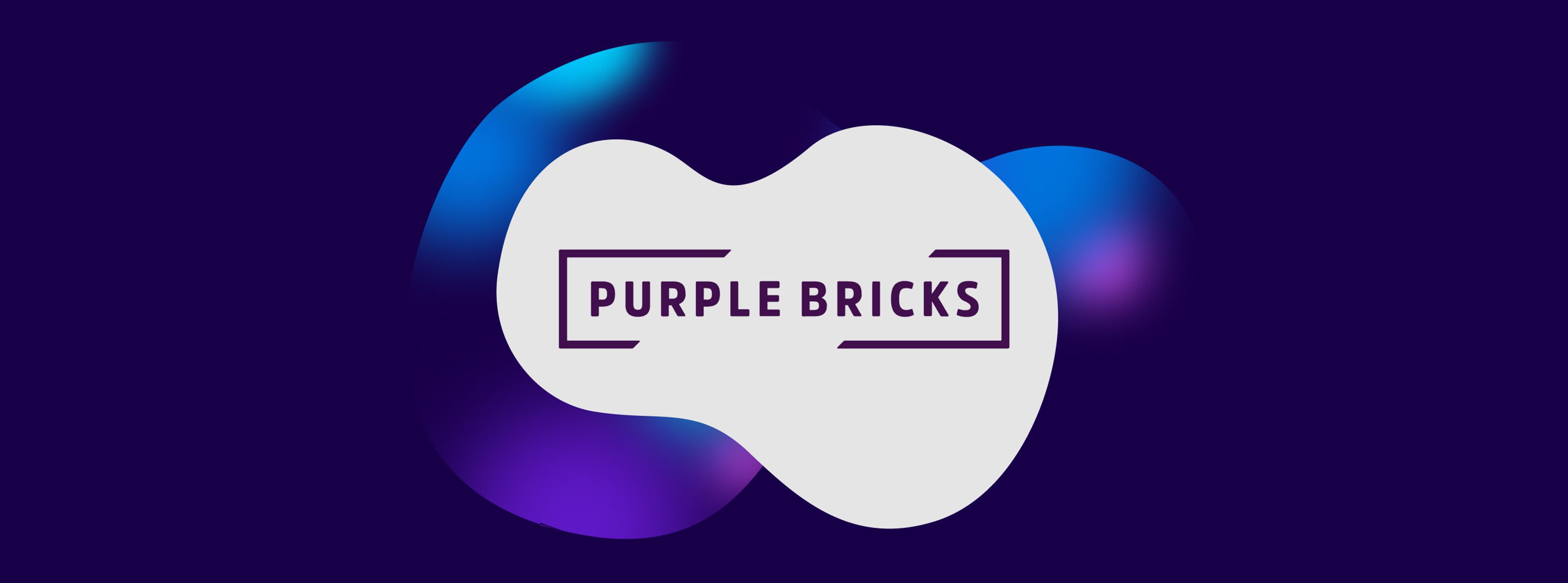 Purplebricks logo on white background with a dark blue blob in the background