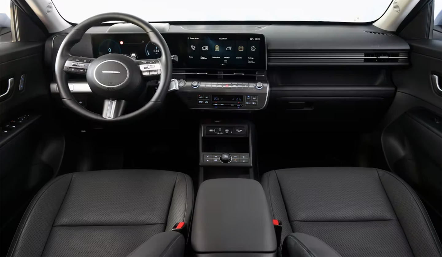 Interior shot of the Hyundai Kona showing the dash & steering wheel