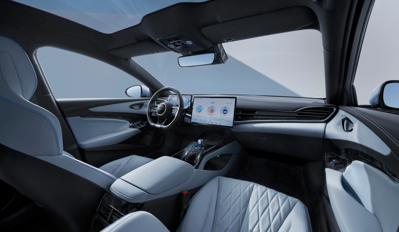 An interior shot of the BYD Seal displaying the steering wheel & dash
