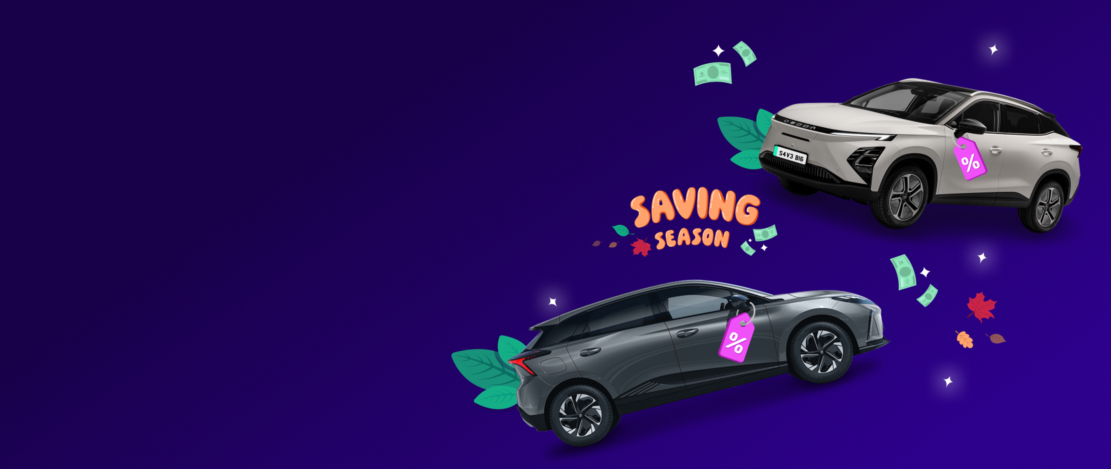 Two electric cars, each with a percentage discount tag, sit next to a "Saving Season" logo