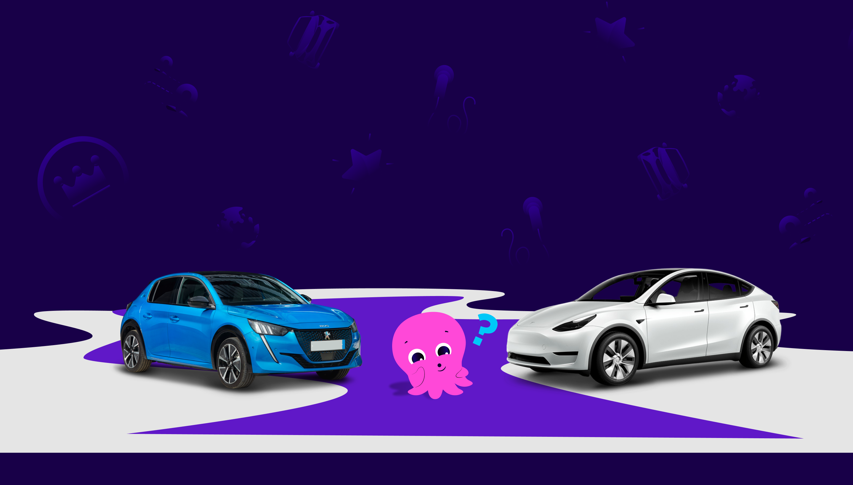 Pink Constantine standing between two electric vehicles one blue and one white with a blue question mark over his head and a blue purple squiggle in front of him with a dark blue background