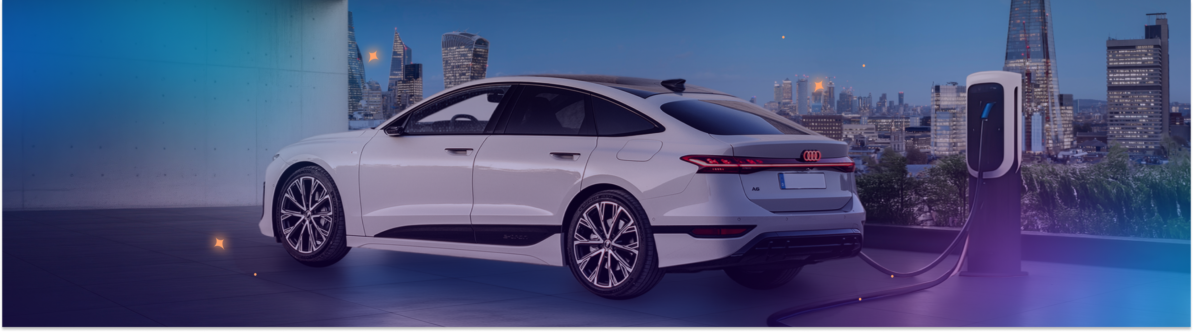 Audi A6 charging overlooking London