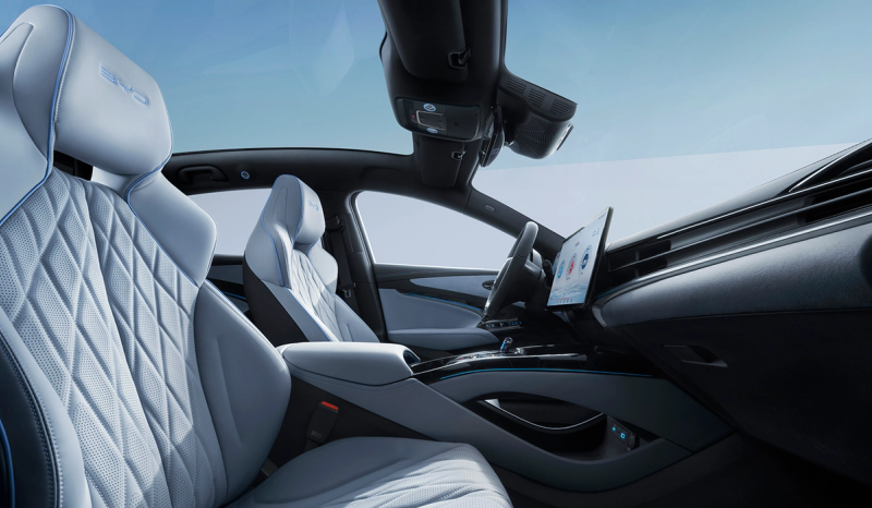 An interior shot of the BYD Seal displaying the driver and passenger seats