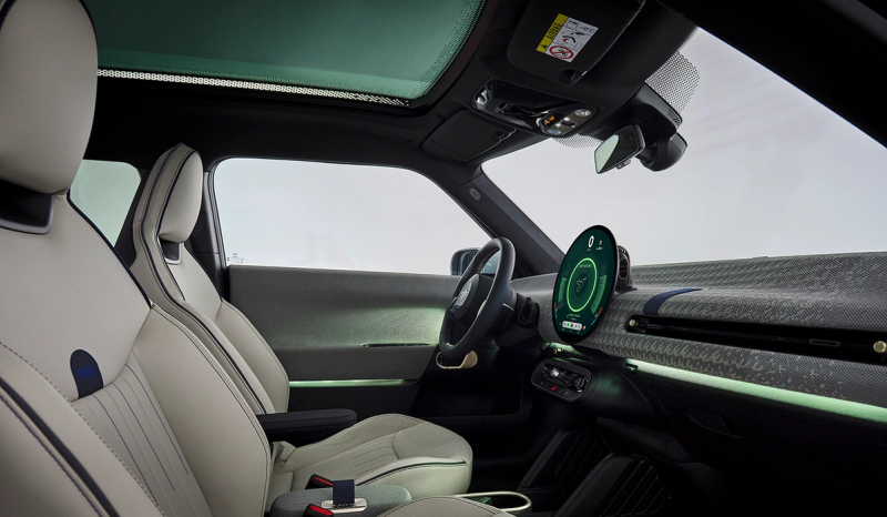 An interior shot of the Mini Cooper S displaying the driver & passenger seats as well as the dashboard