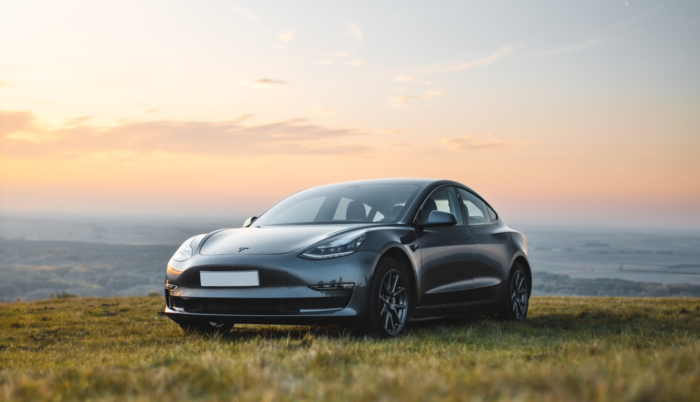 Grey Tesla Model 3 parked on grass