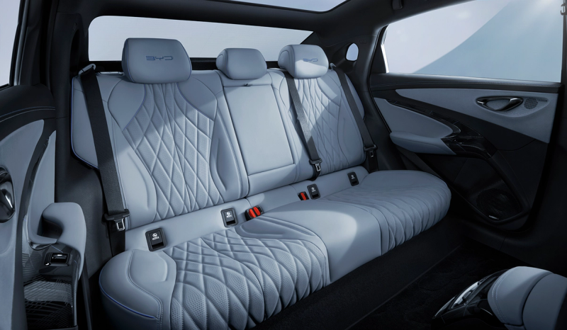 An interior shot of the BYD Seal displaying the rear passenger seats