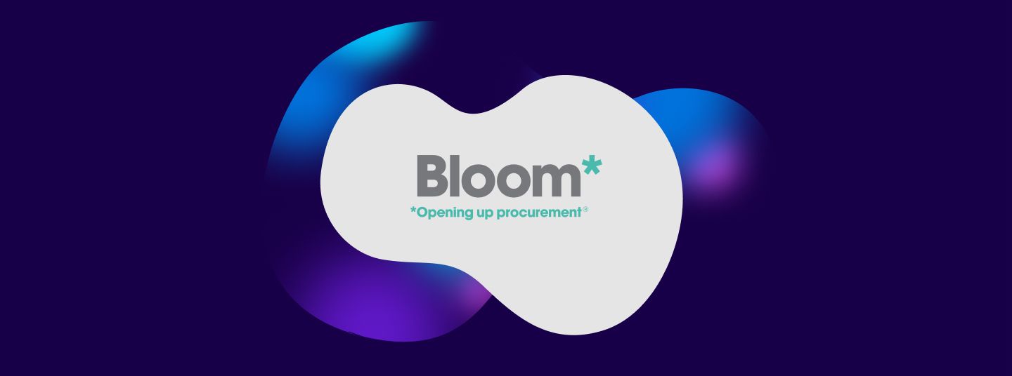 Bloom company logo on a dark purple background with a blue and pink swirl behind it