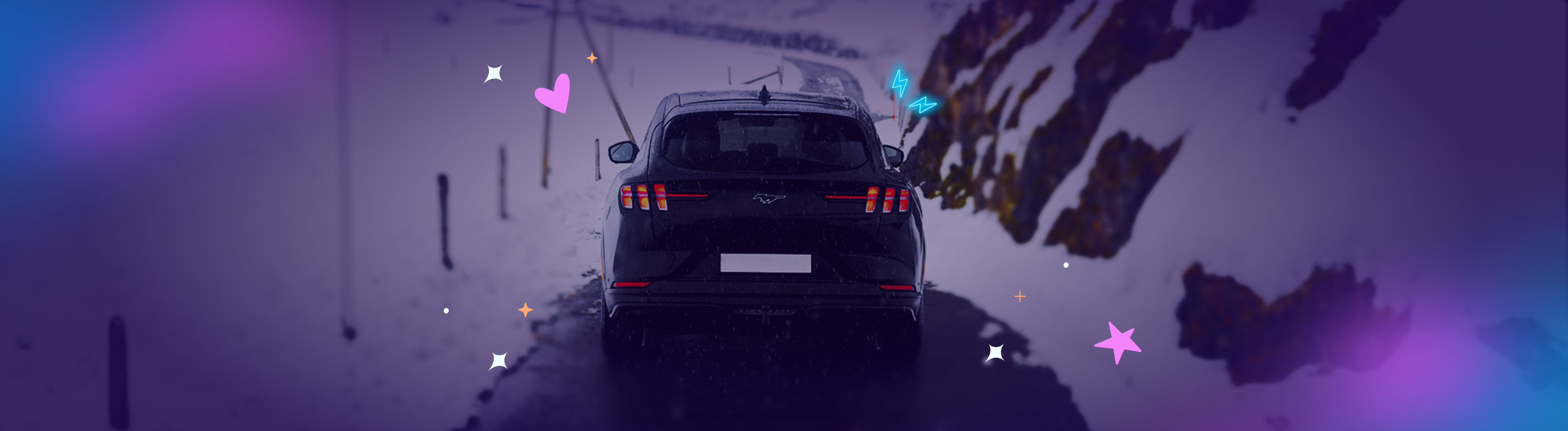 EV driving through the snow with surrounding graphics