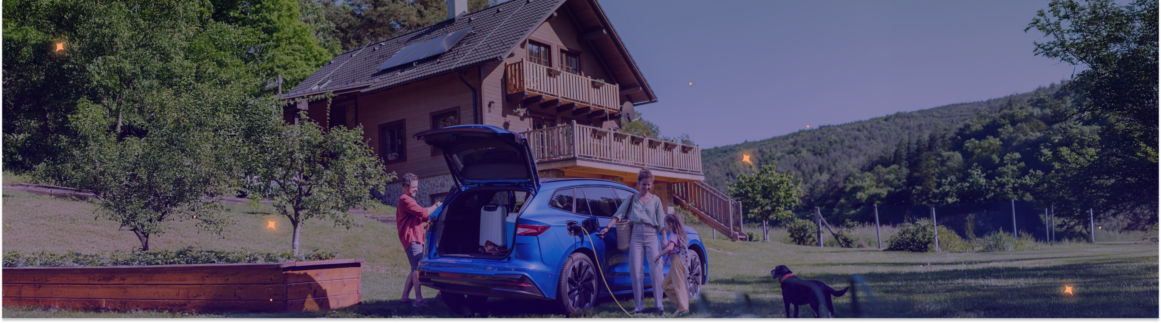 Family charging EV in front of their smart home