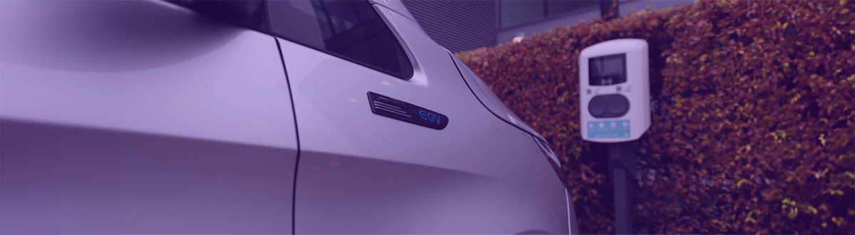 White electric vehicle parked in front of a white charger with a orange bush in the background