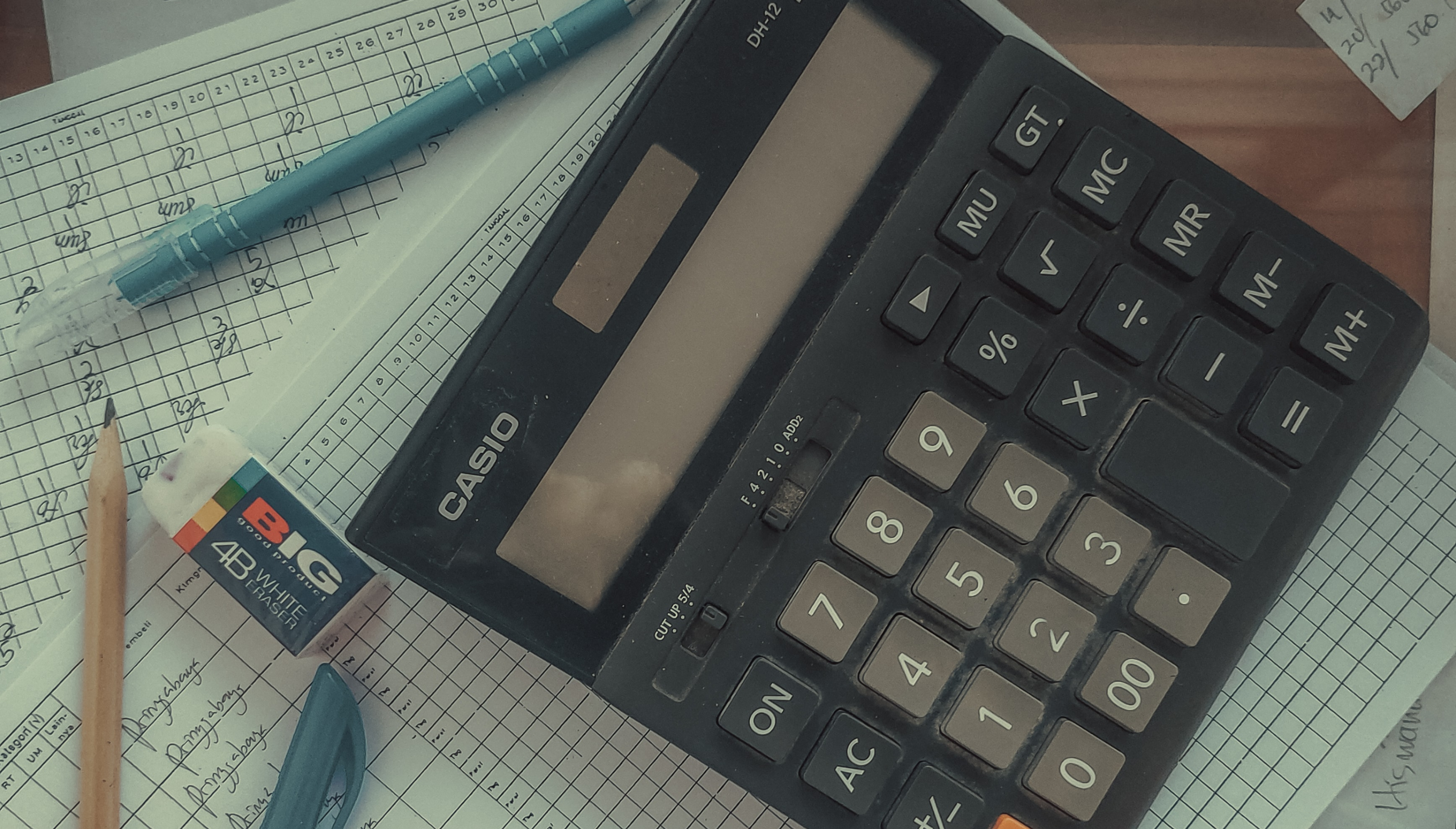 An image of a calculator and math supplies