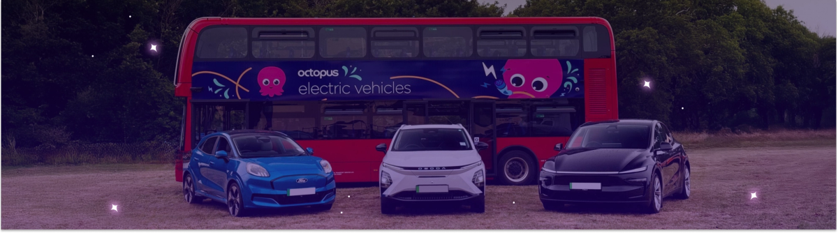 Ford Puma, Omoda E5, and Tesla Model Y in front of an Octopus EV branded Bus