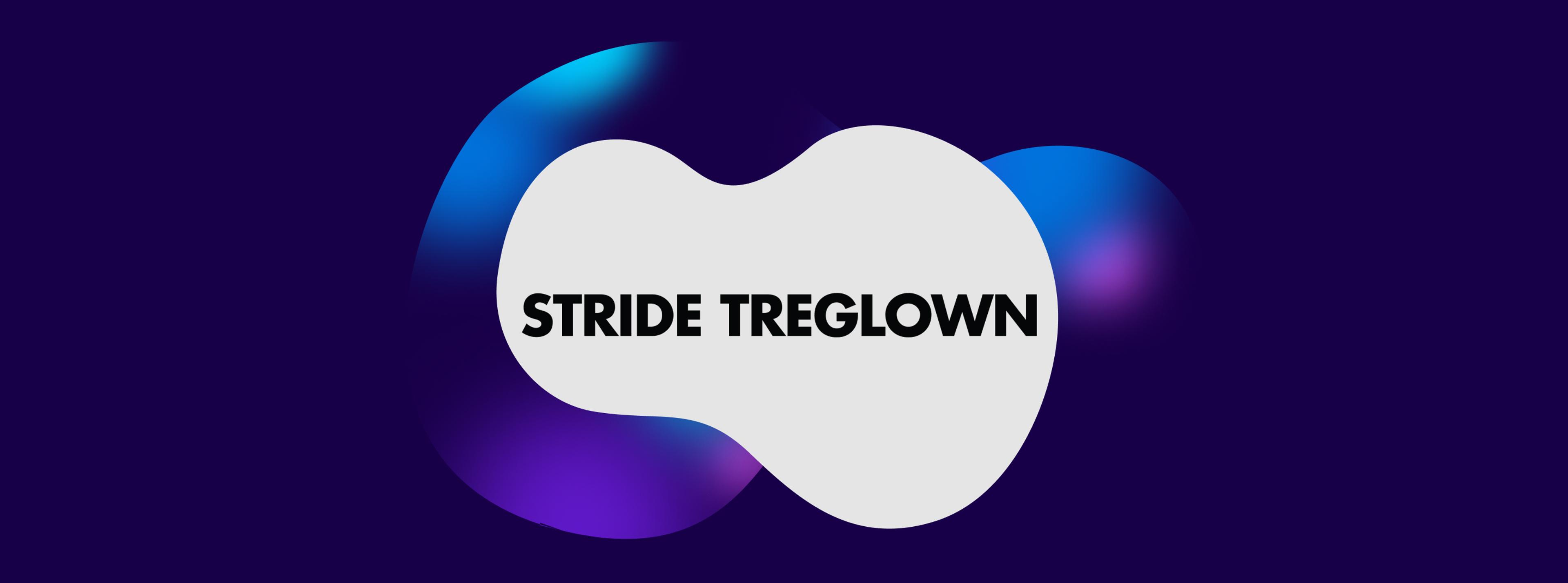 Stride Treglown logo on white background with a dark blue blob in the background