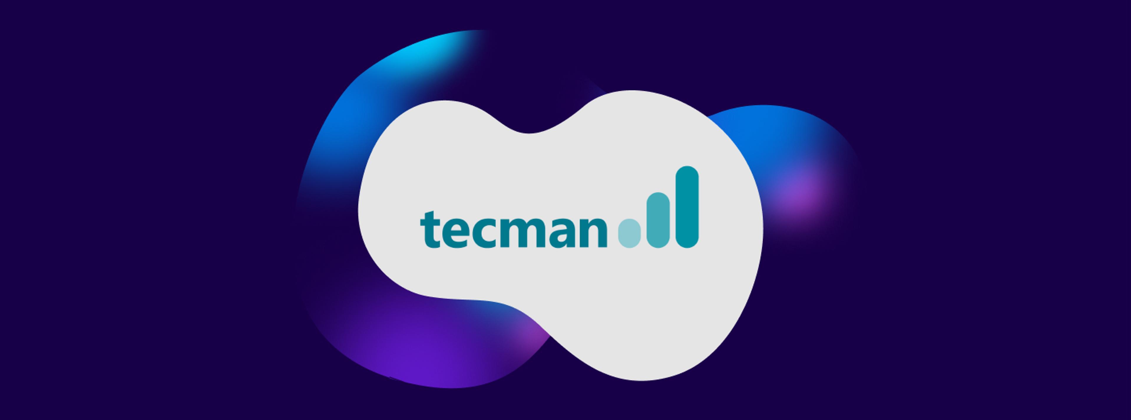 Tecman logo on a white background with a dark blue blob in the background