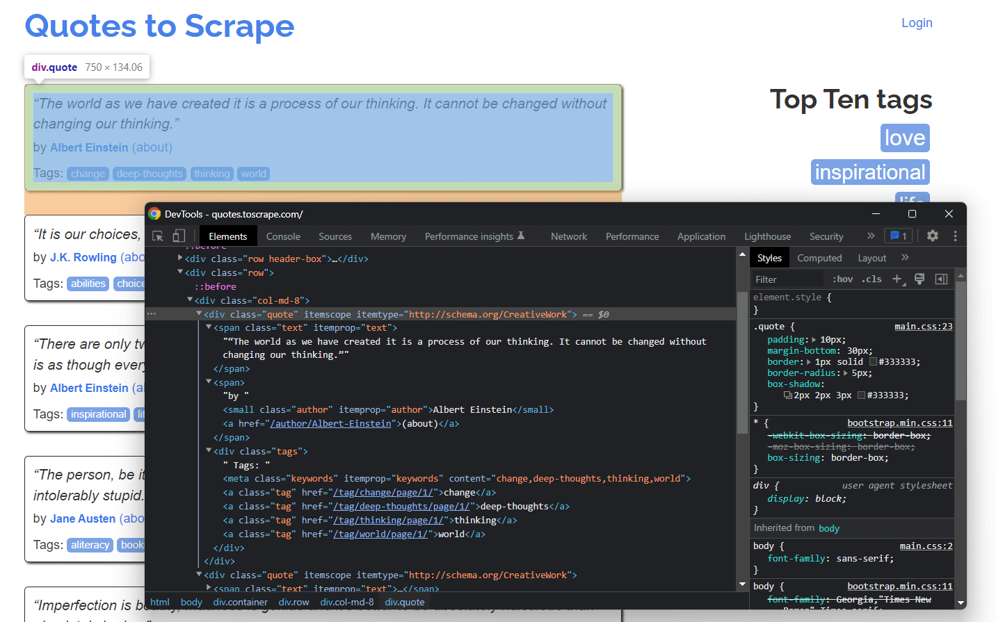 Inspecting the quote HTML element in Chrome DevTools