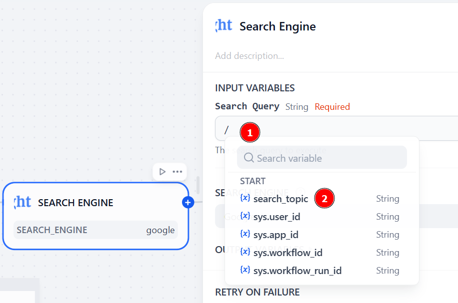 Setting the input of the “Search Engine" node
