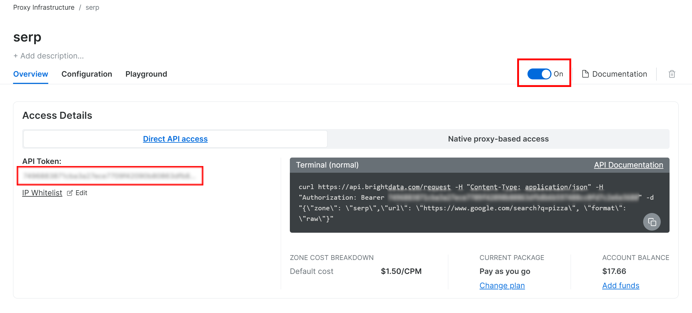 Screen showing an API management interface with sections for 'Overview', 'Configuration', and 'Playground'. Access details include an API token and options for direct API access and IP whitelisting. A toggle marked 'On' is visible, along with a terminal command example for API request.