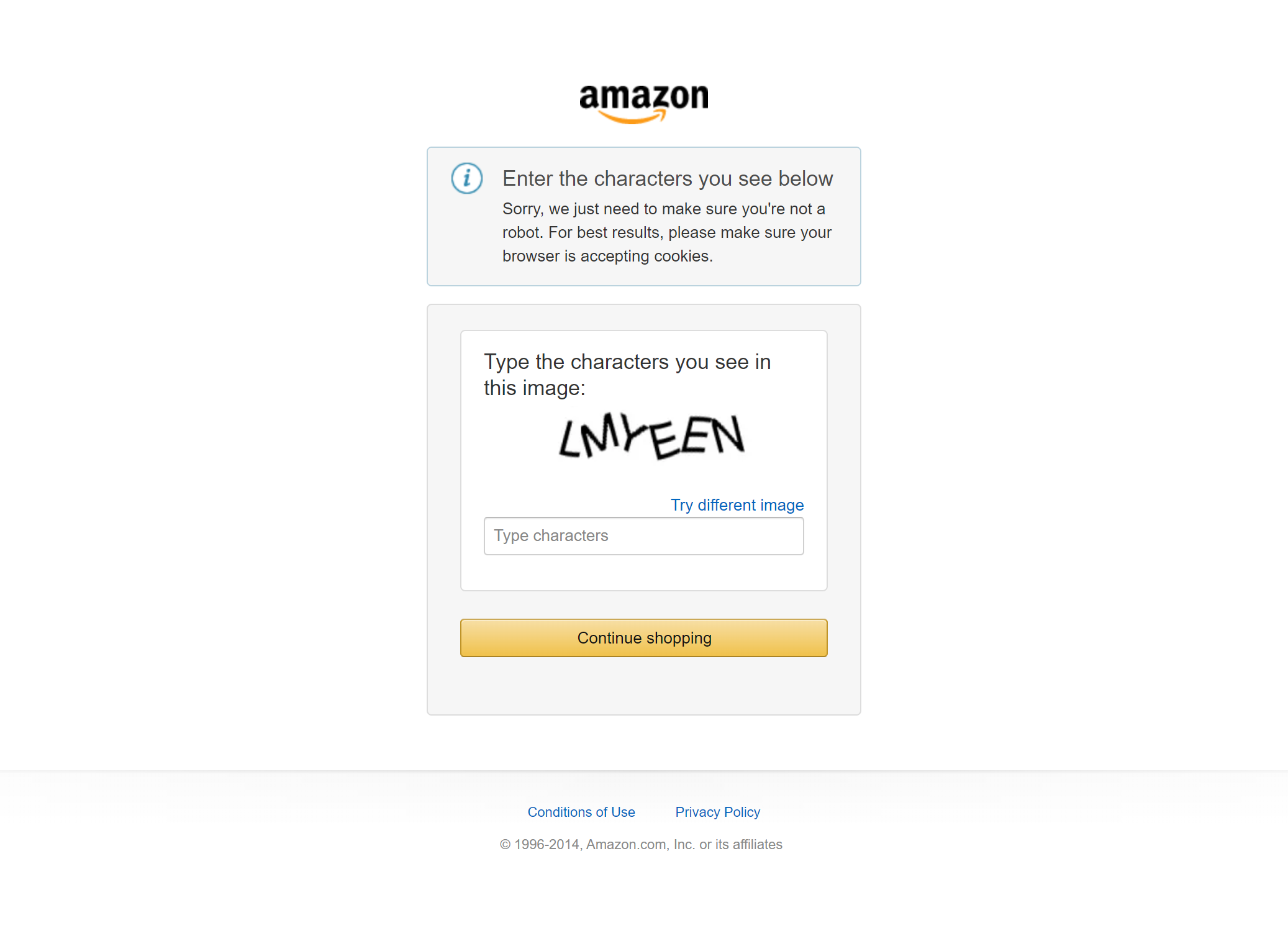 A CAPTCHA verification screen from Amazon asking users to enter characters displayed in a distorted text image. It includes instructions and options to continue or try a different image.