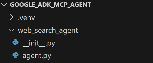 File structure of a Python project named 'GOOGLE_ADK_MCP_AGENT', featuring a virtual environment directory '.venv' and a subdirectory 'web_search_agent' containing two Python files: '__init__.py' and 'agent.py'.