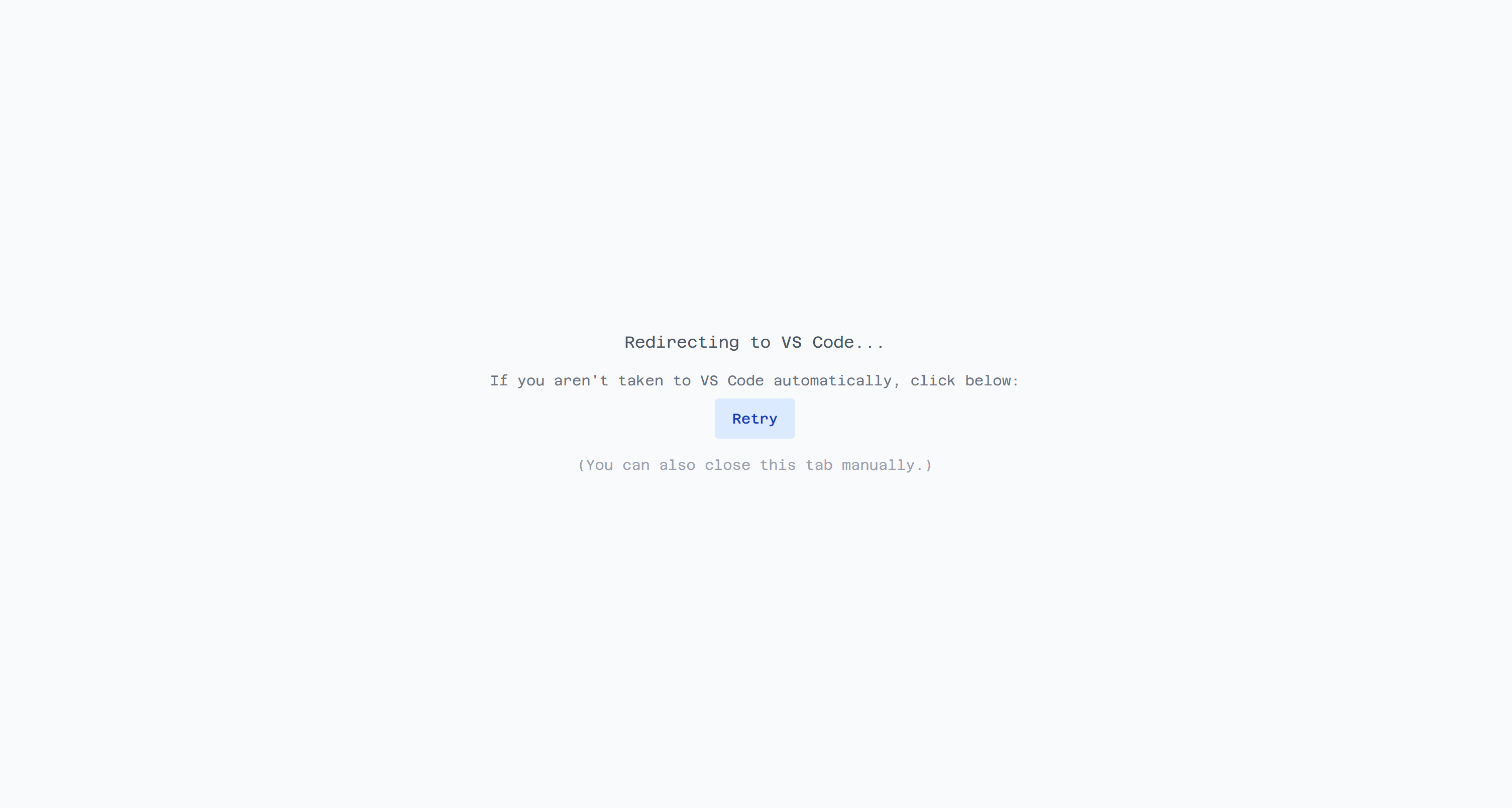 Cline's redirection page back to VS Code