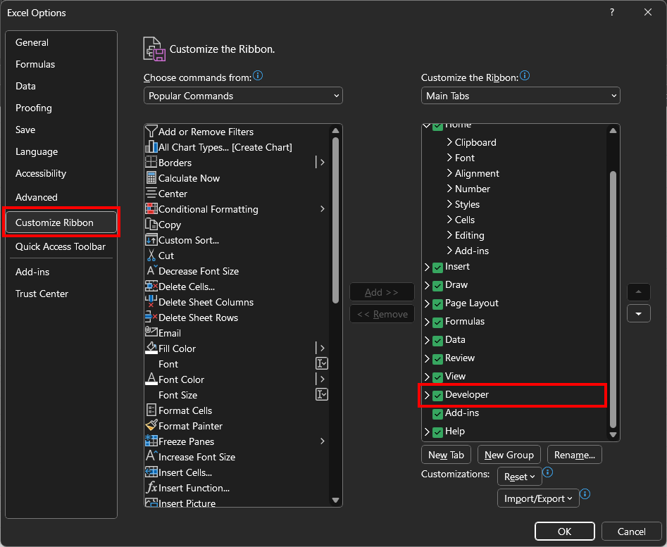 checking the develpoer option under custom ribbon