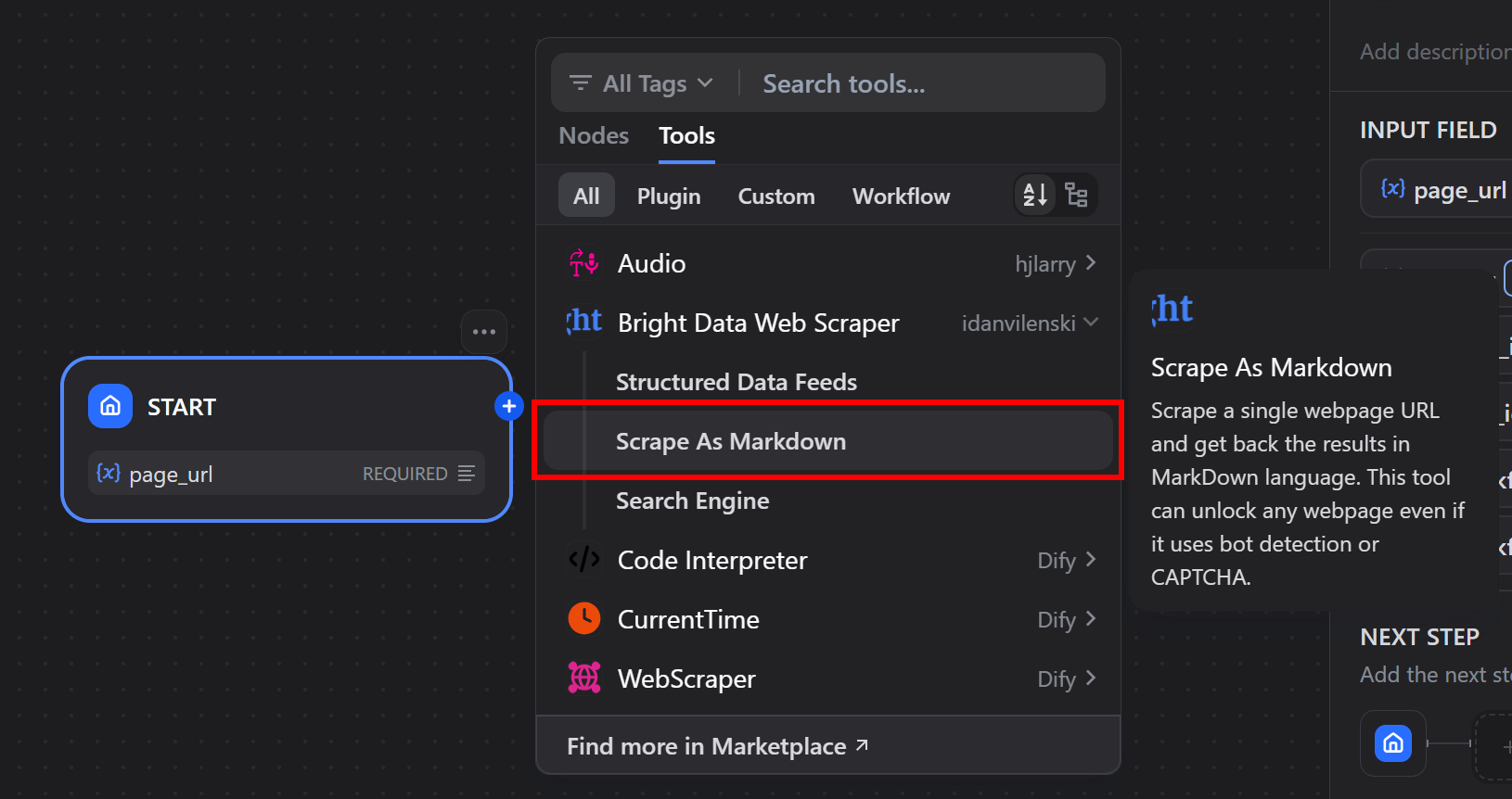 Choosing the “Scrape As Markdown” tool