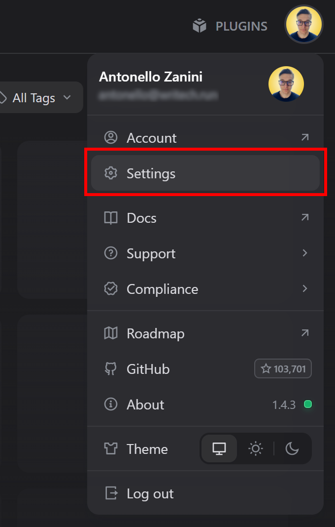 Selecting the “Settings” option