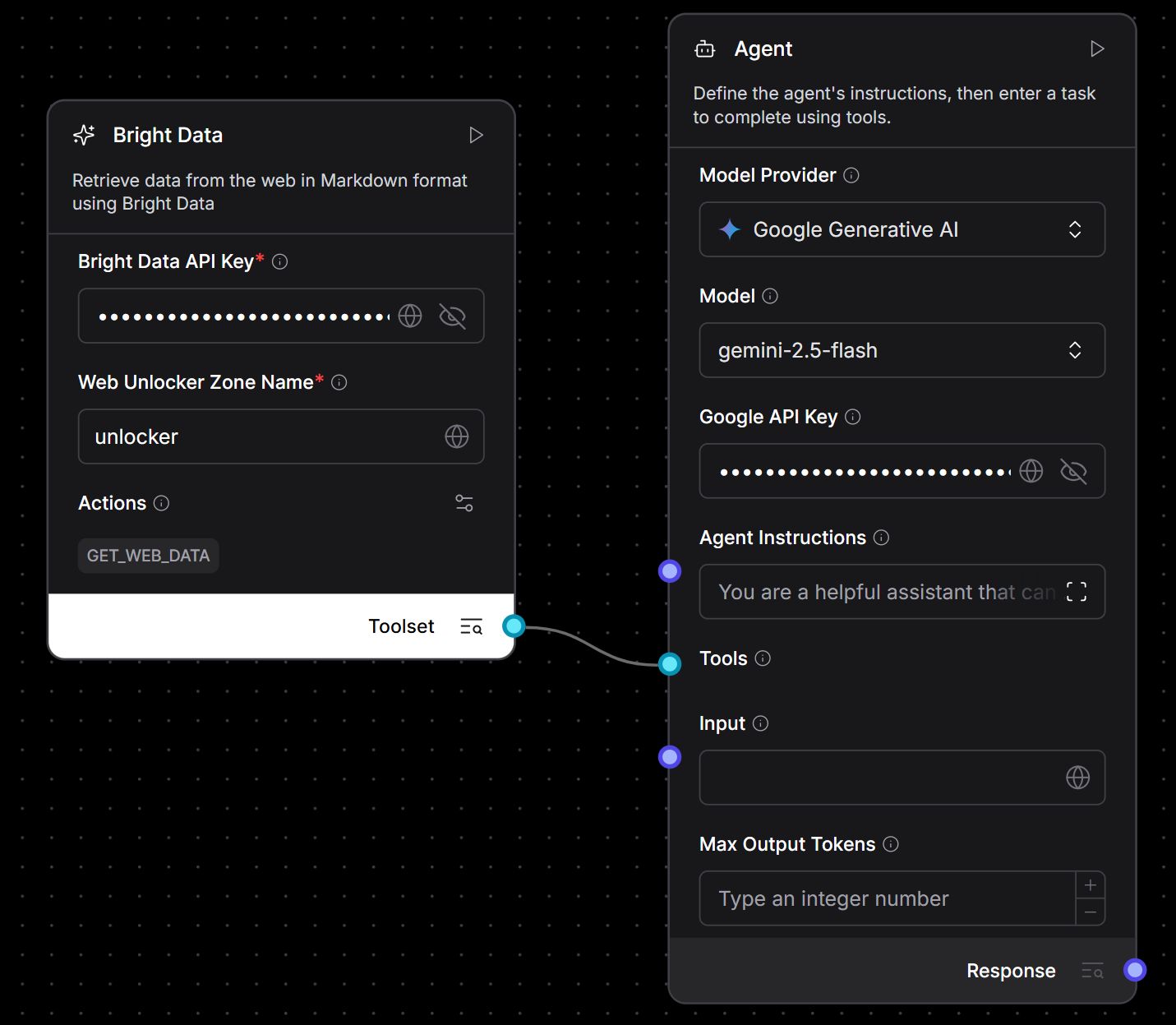 Connecting the Bright Data component to the Agent component