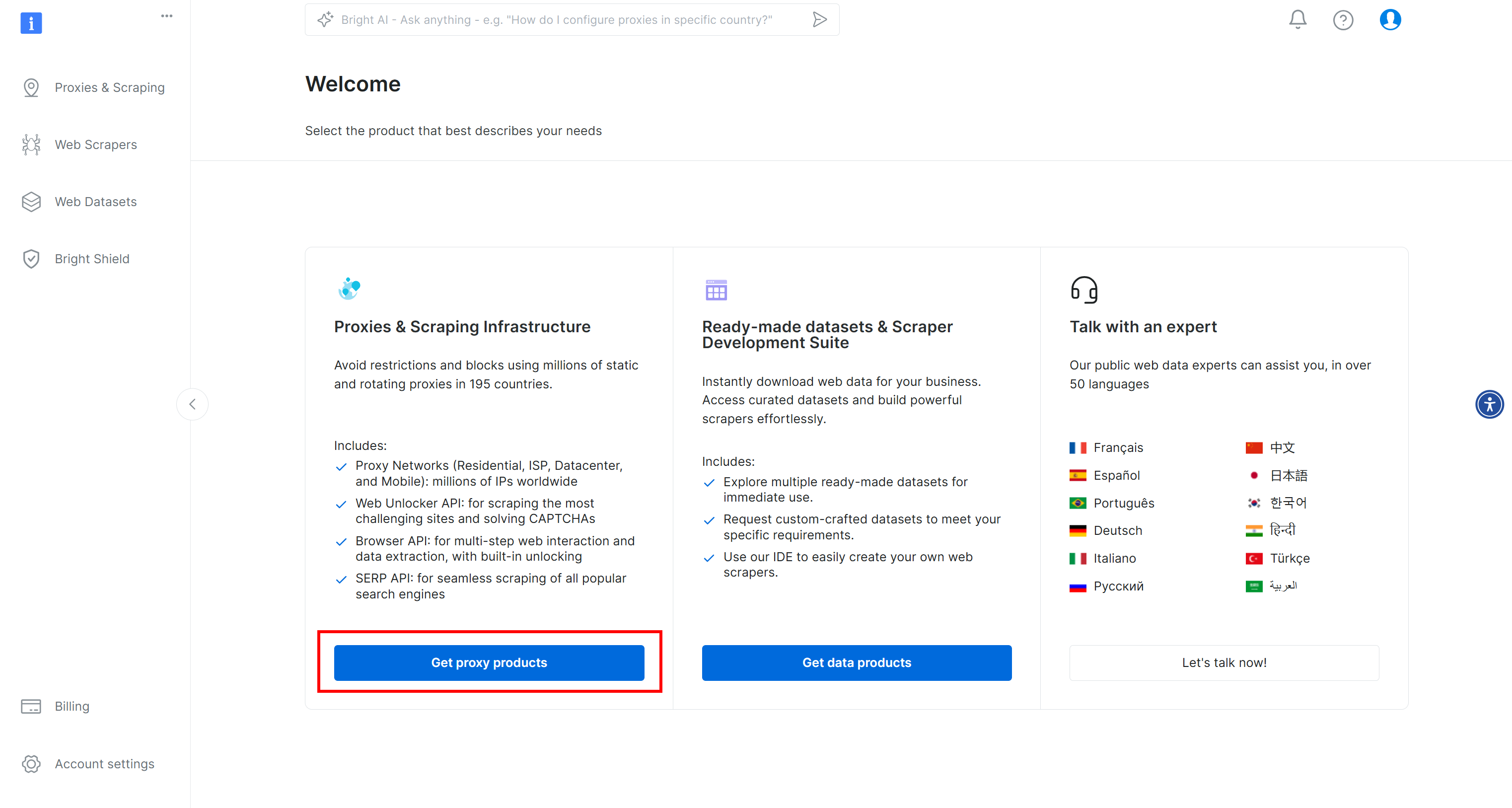 A welcome screen from a web scraping and proxies service featuring options for 'Proxies & Scraping Infrastructure', 'Ready-made datasets & Scraper Development Suite', and a section for customer support in multiple languages. There are buttons labeled 'Get proxy products' and 'Get data products' highlighted prominently.
