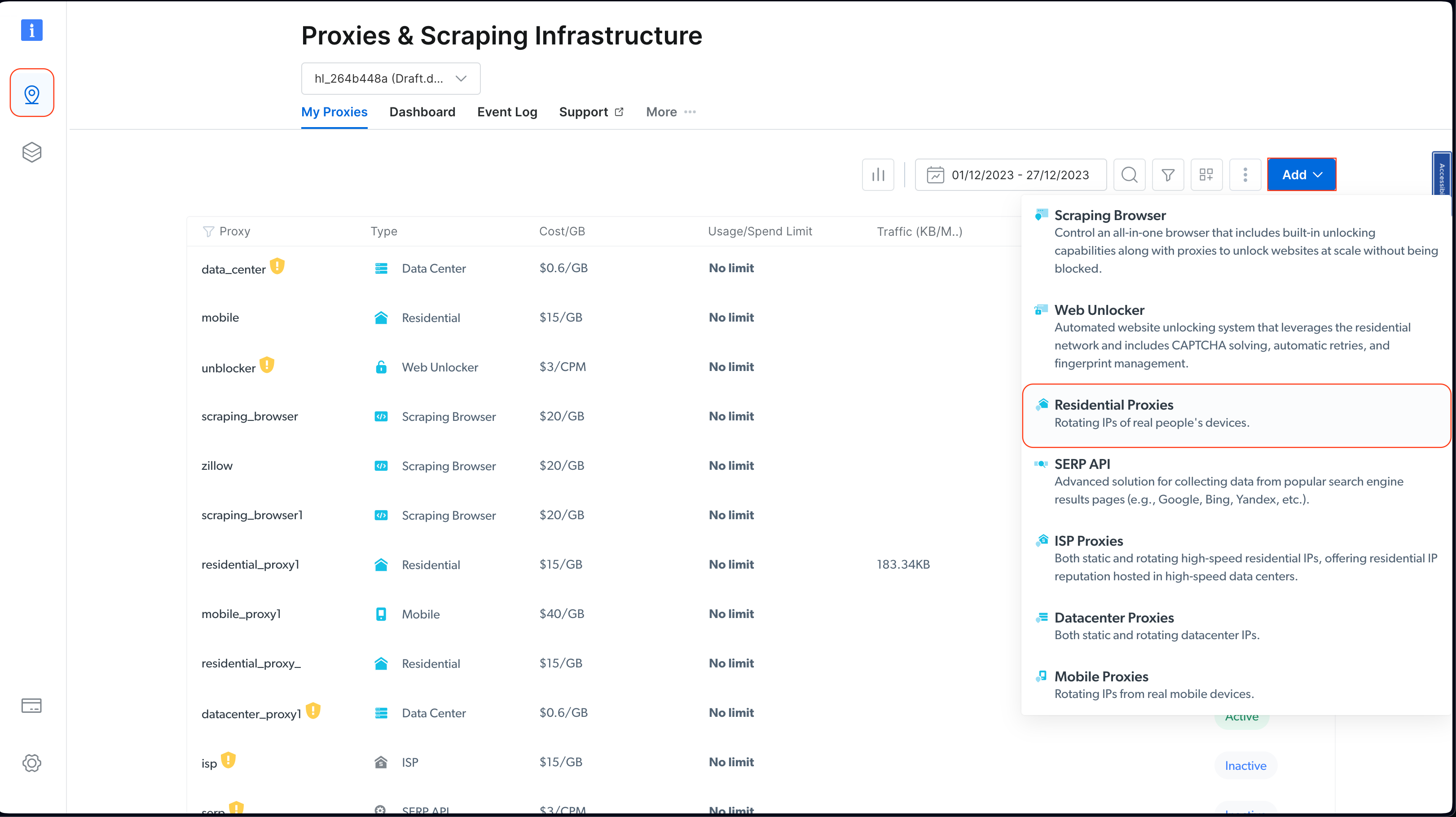 choosing residential proxies in the control panel