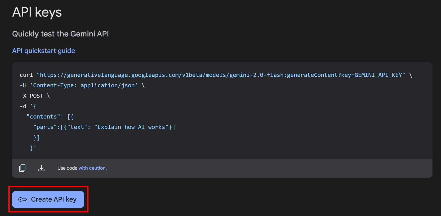 Screenshot displaying an interface for generating an API key for the Gemini API, including a code snippet for making a POST request using curl and a highlighted button for creating the API key.