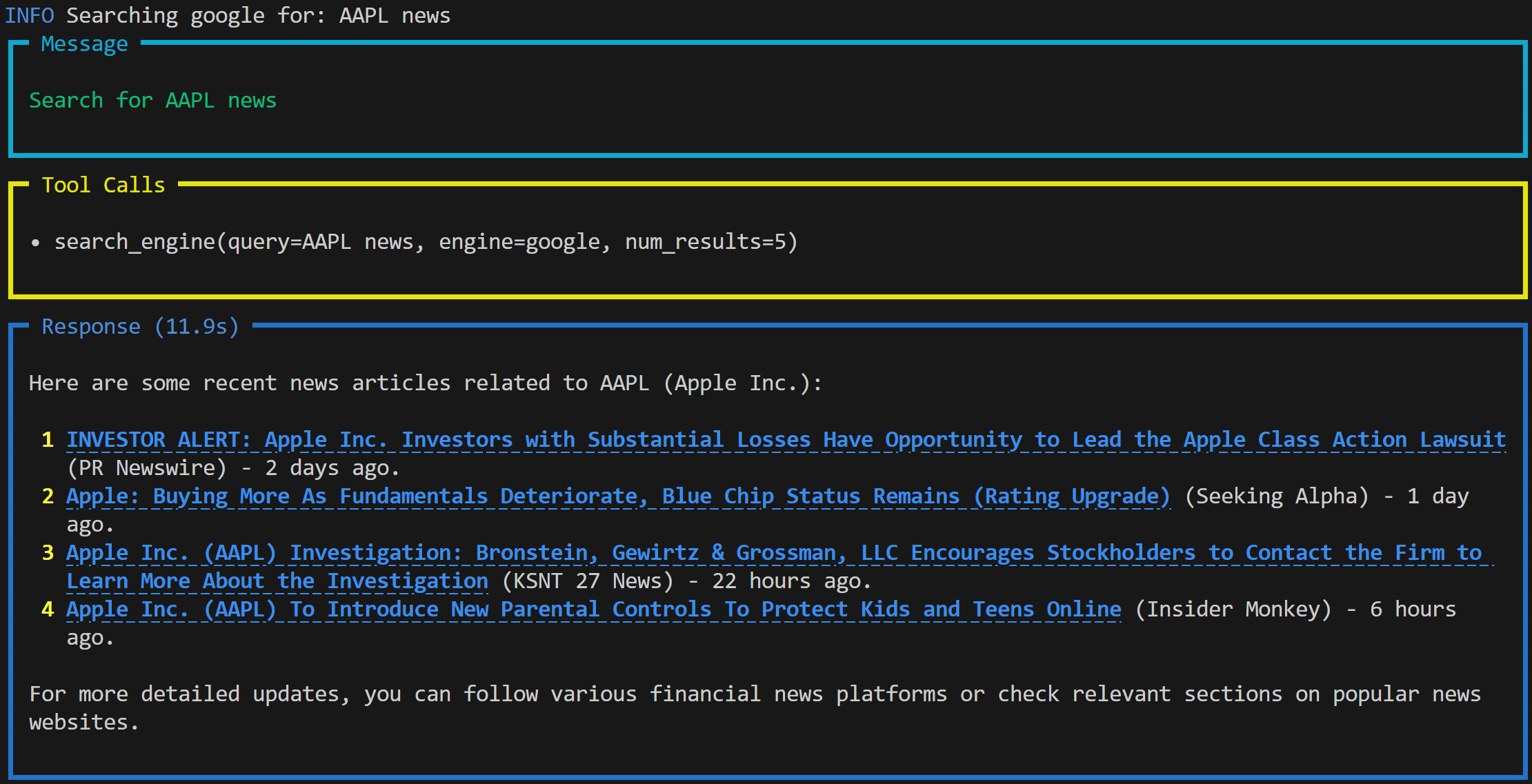 The Agno agent output on the "Search for AAPL news” prompt
