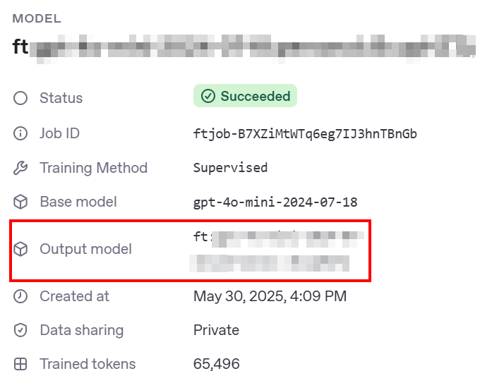 The successfully completed fine-tuning process in the OpenAI platform