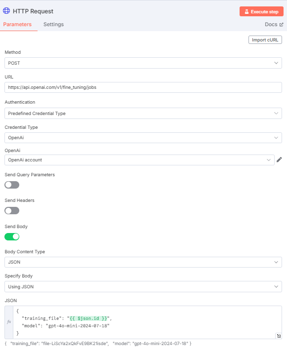 The HTTP Request node settings
