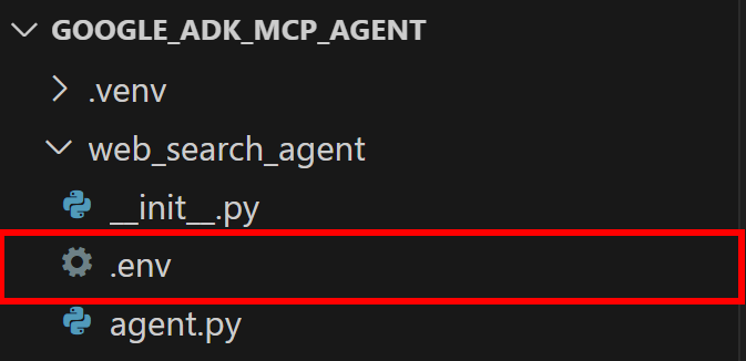.env configuration file highlighted within a directory structure for a project named 'GOOGLE_ADK_MCP_AGENT', which includes a virtual environment folder and relevant Python files.